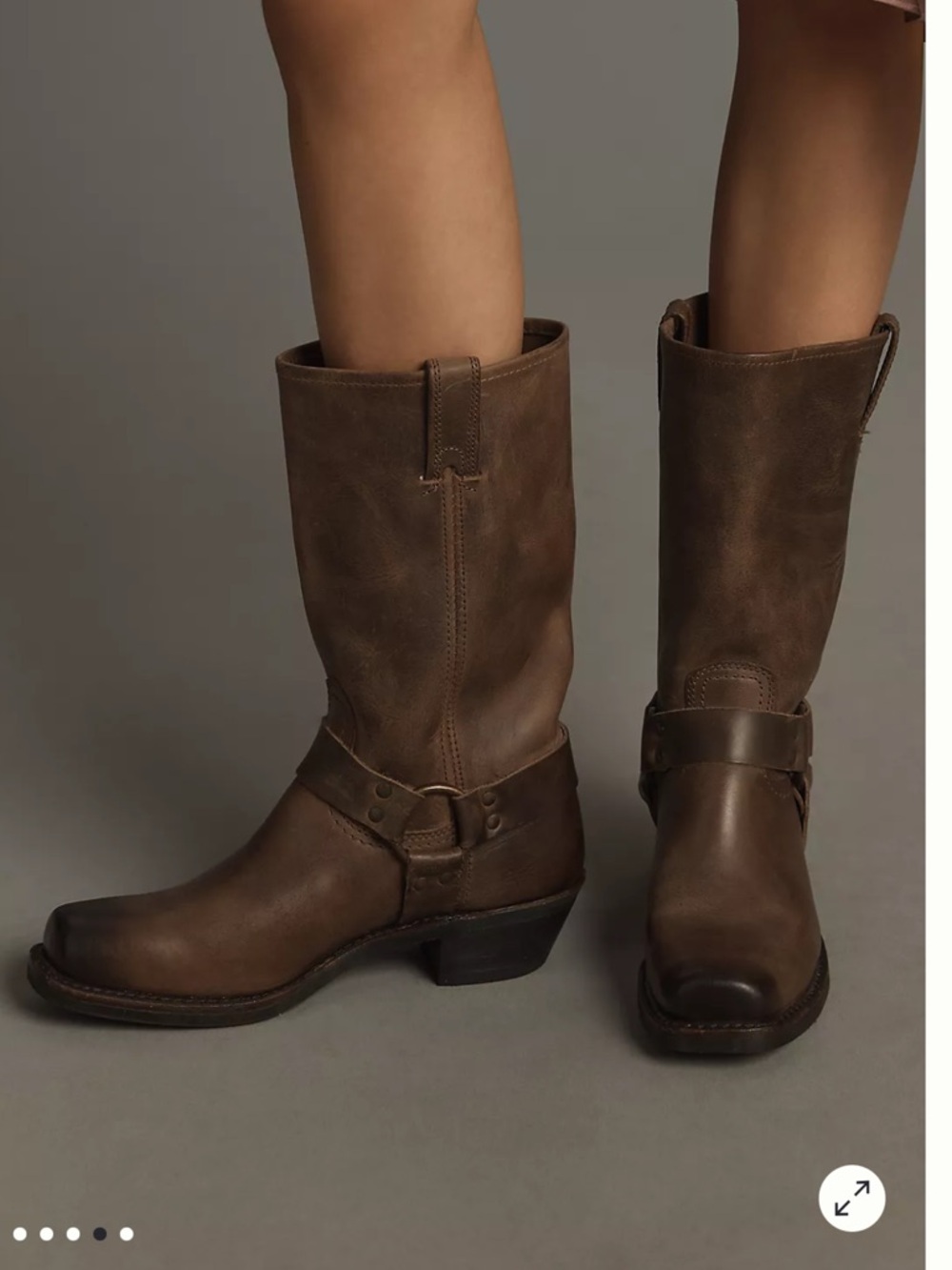 Frye Brown Leather Mid-Calf Harness Heeled Boots